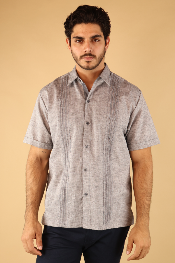 Camisa Guayabera Manga Corta Negro Jaspe Hombre Con Alforzas Tradicional